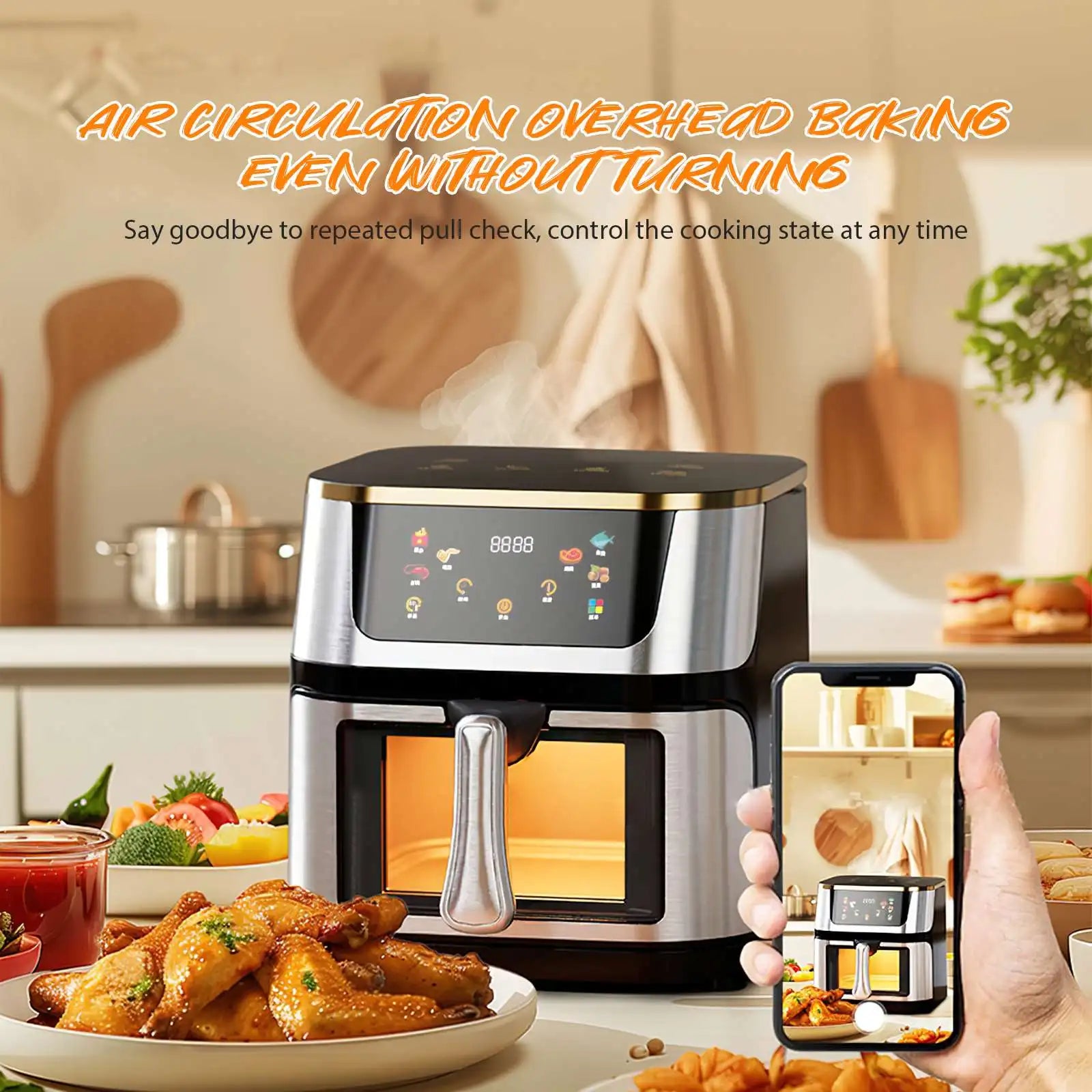 12L Stainless Steel Visible Large Capacity Electric Air Fryer, Multi-function Air Oven, LED Touch Screen,210℃ High Temperature