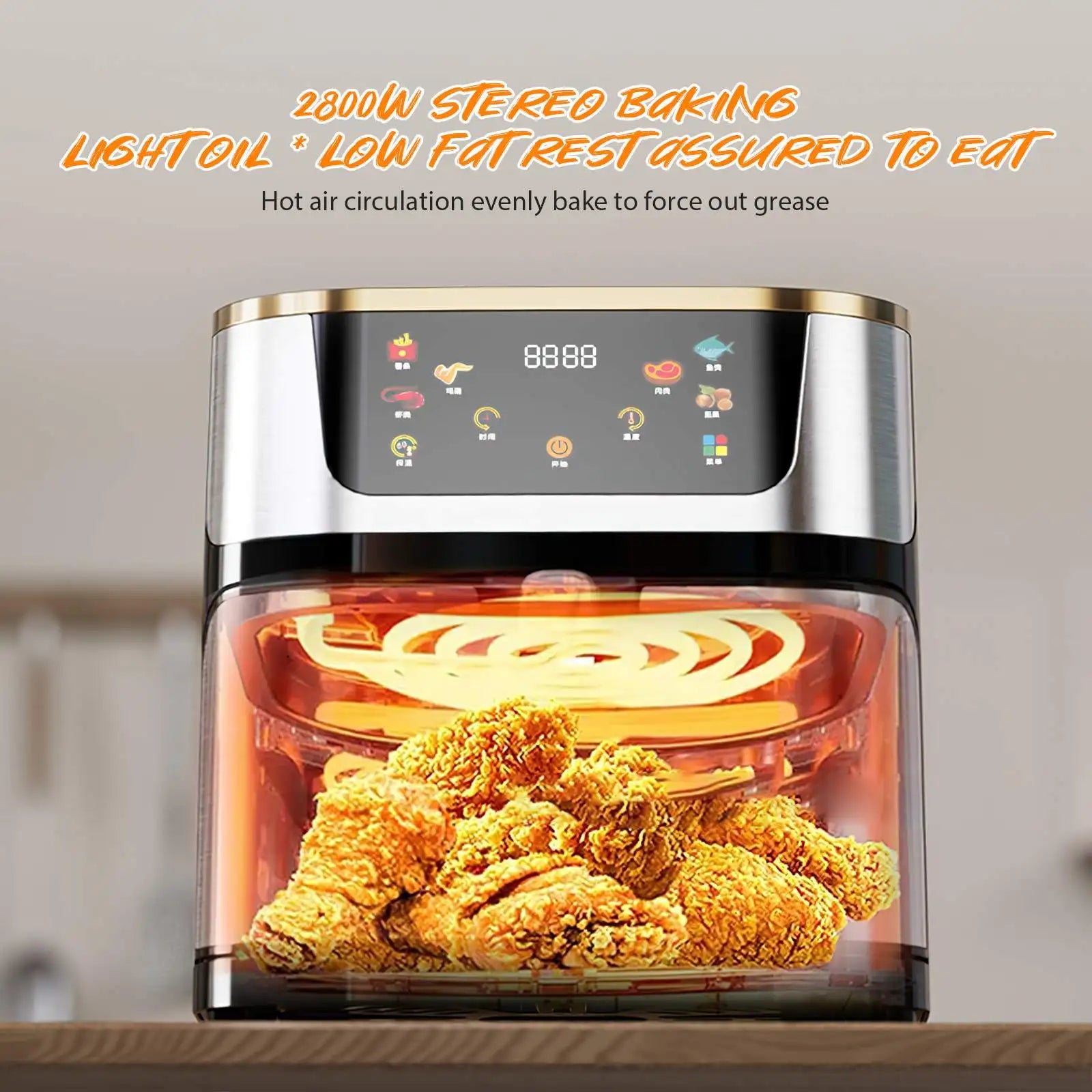 12L Stainless Steel Visible Large Capacity Electric Air Fryer, Multi-function Air Oven, LED Touch Screen,210℃ High Temperature