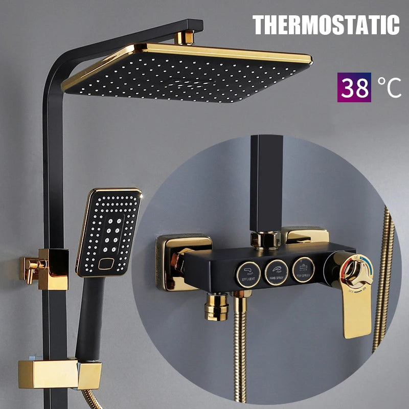 Hot Cold Shower System Bathroom LED Digital Shower Set Wall Mount Smart Thermostatic Bath Faucet Square Head SPA Rainfall Grifo