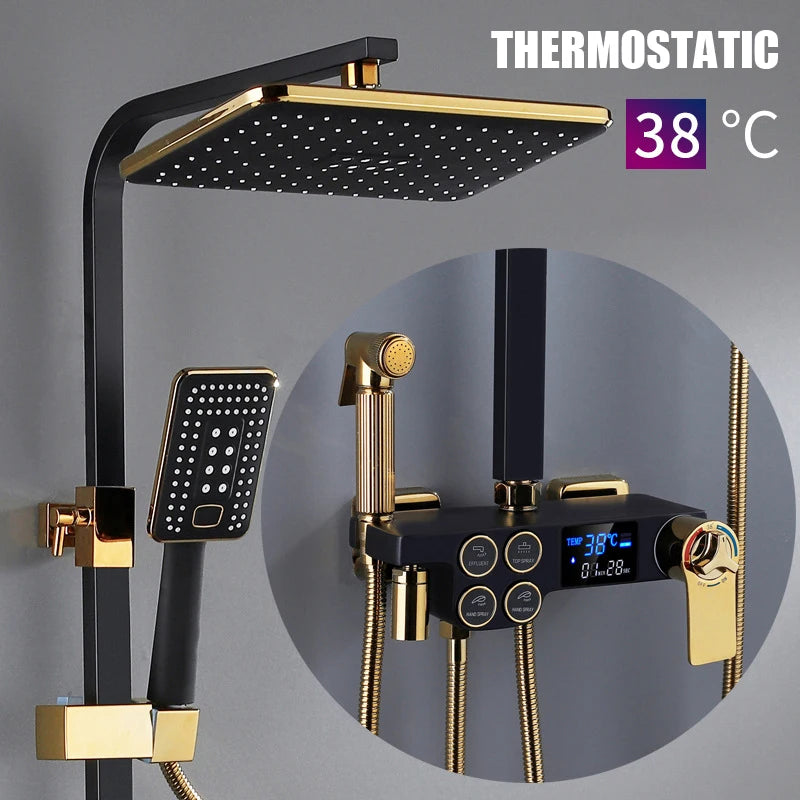 Hot Cold Shower System Bathroom LED Digital Shower Set Wall Mount Smart Thermostatic Bath Faucet Square Head SPA Rainfall Grifo