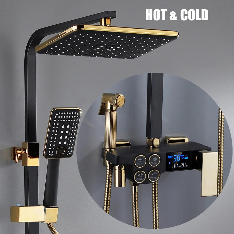 Hot Cold Shower System Bathroom LED Digital Shower Set Wall Mount Smart Thermostatic Bath Faucet Square Head SPA Rainfall Grifo