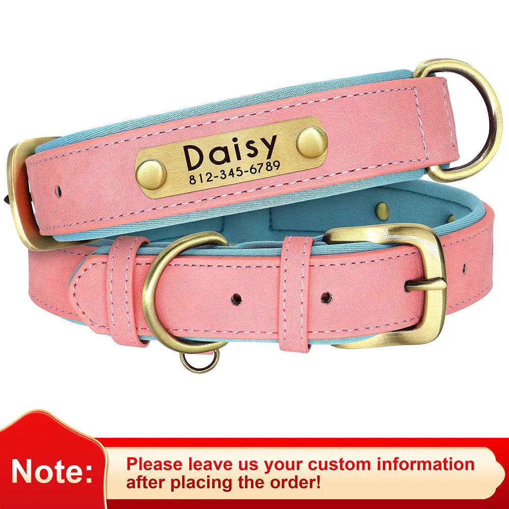 Customized Leather ID Nameplate Dog Collar Soft Padded Dogs Collars Free Engraving Name for Small Medium Large Dogs Adjustable