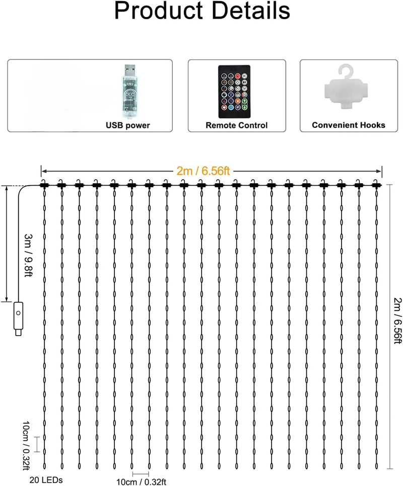 Smart RGB Curtain Lights with APP Control, RGB Christmas Fairy String Lights, Music & Voice Sync for Halloween Bedroom Garden