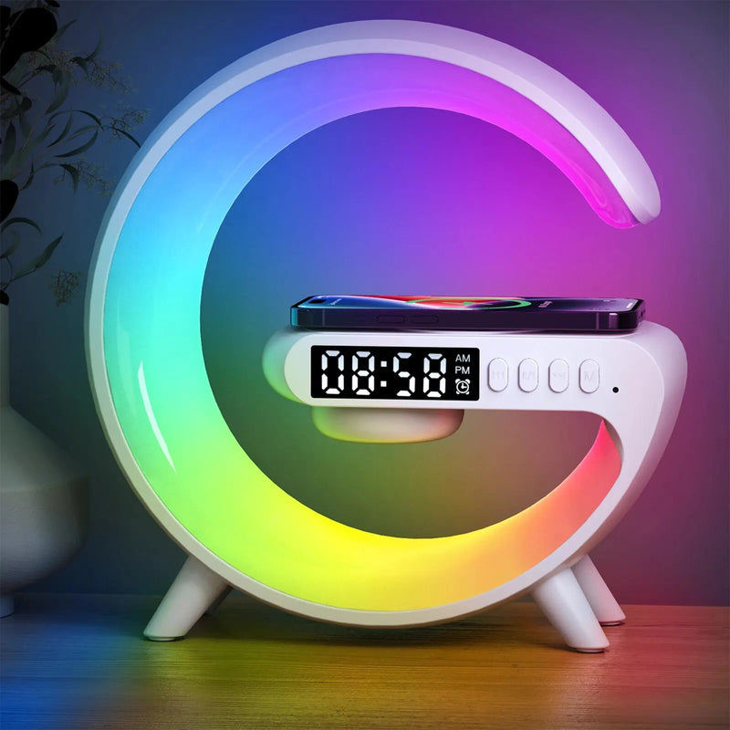 LED Smart Wake Up Light RGB Night Light with Wireless Speaker 15W Wireless Rechargeable Desk Lamp for Bedroom Bedside Game Room