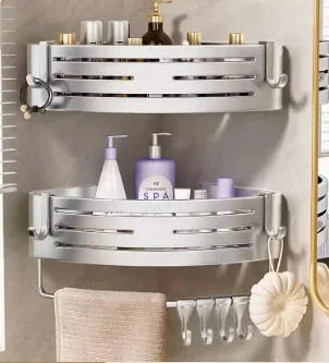 Shower Corner Shelf with Towel Bar Hook Space Aluminum Bathroom Shelf Without Drilling Shampoo Holder Bathroom Accessorie