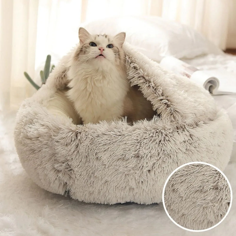 Warm Long Plush Pet Bed Enclosed Round Cat Cushion Comfortable Sleep Bag Cat Nest Kennel For Small Pet