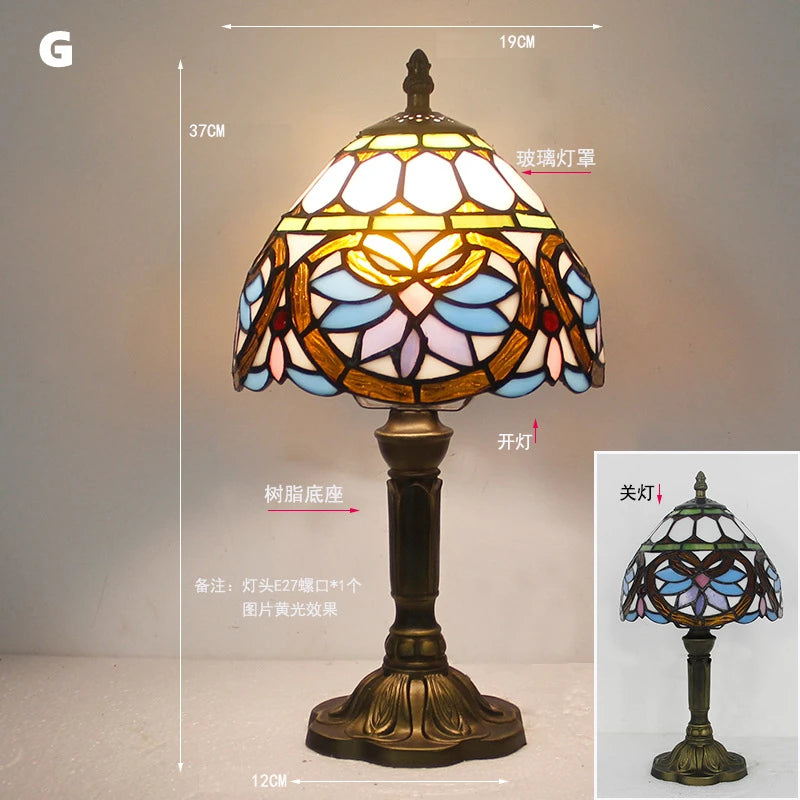 Retro Tiffany Table Lamp E27 Stained Glass Lampshade Mediterranean Style Baroque Table Light Bedroom Bedside Nightstand Lighting