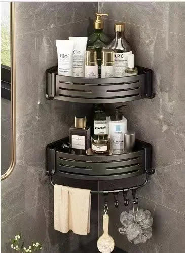 Shower Corner Shelf with Towel Bar Hook Space Aluminum Bathroom Shelf Without Drilling Shampoo Holder Bathroom Accessorie