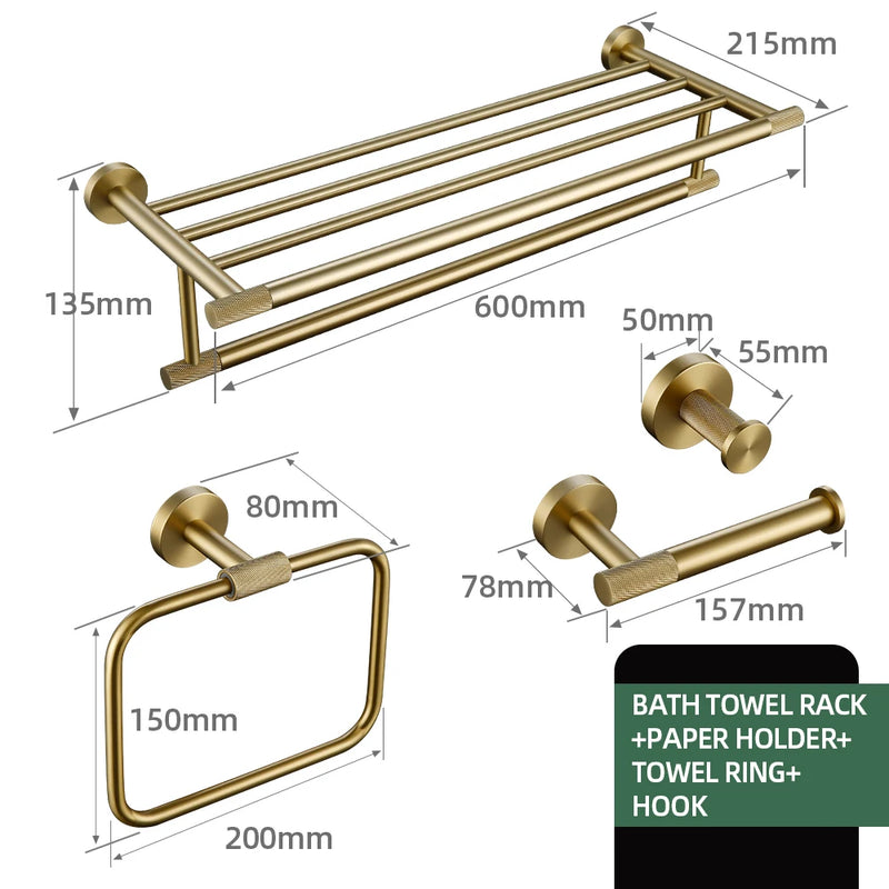 Brushed Gold Bathroom Accessories Towel Bar Bath Robe Hook Brass Knurled Bathroom Hardware Set Shelf for Towels Paper Tissue Hol