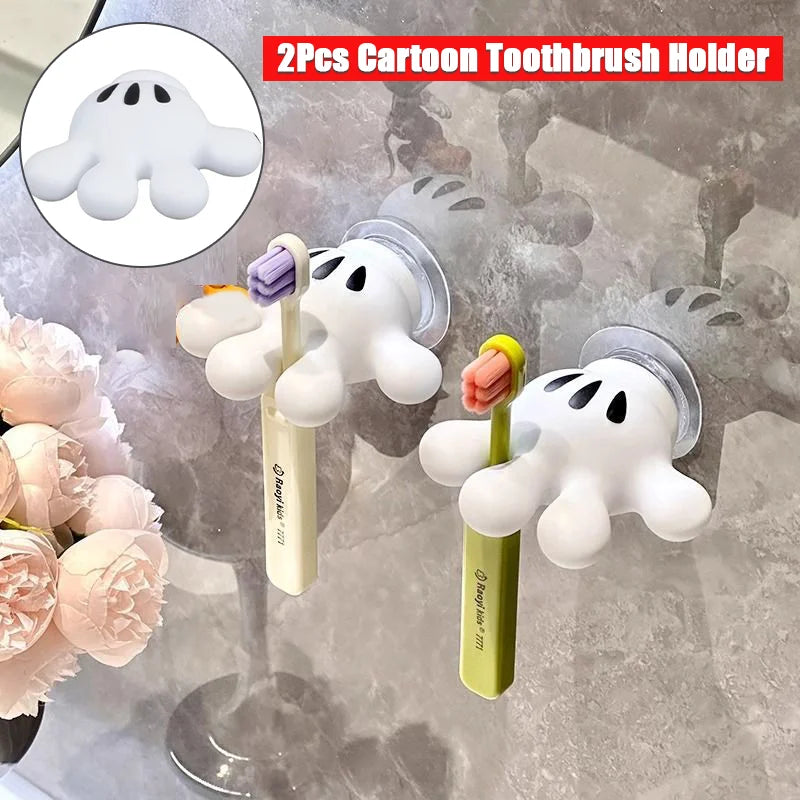 2Pcs Toothbrush Holder Cartoon Nail-Free Hook Toothbrush Rack Wall Mounted Storage Rack Bathroom Accessories