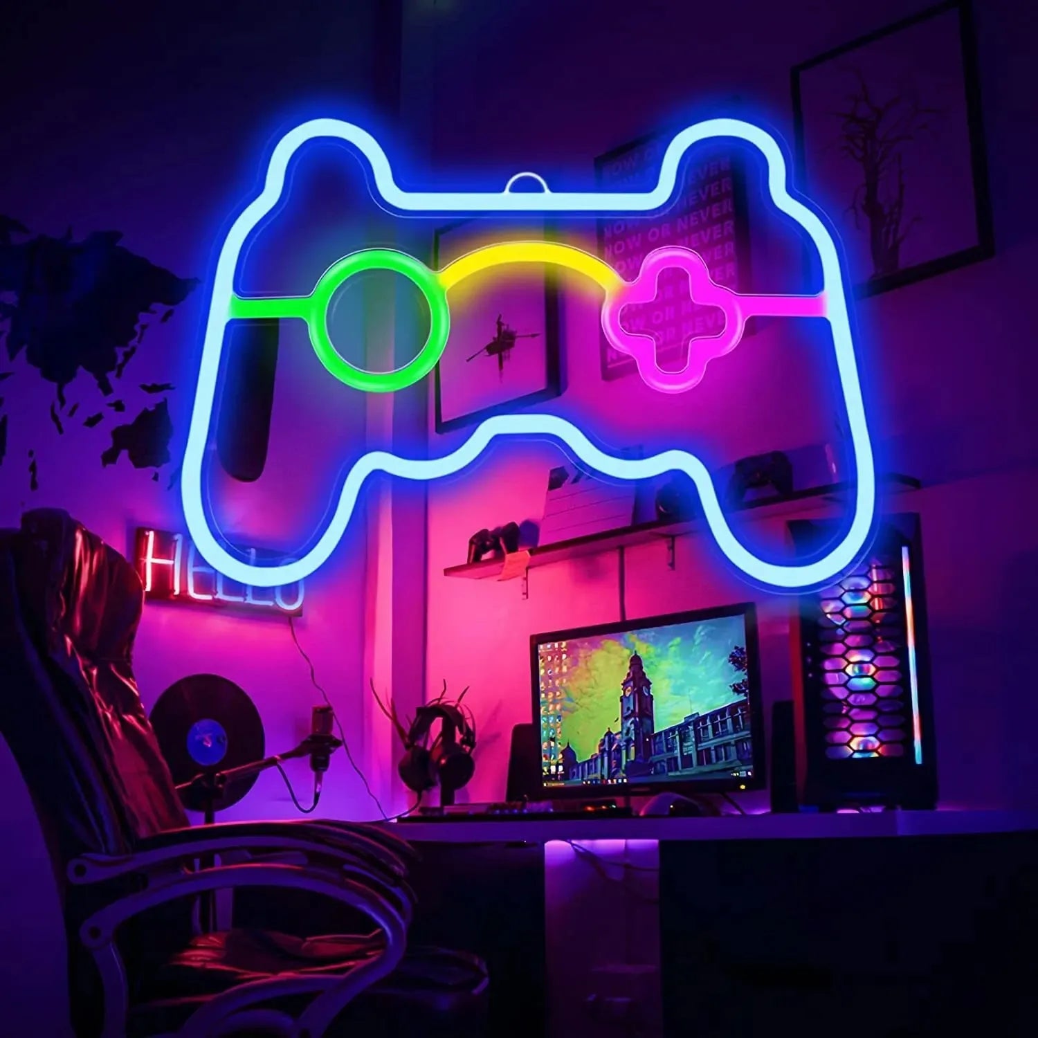 USB Game Console Handle Shape Bedroom Children's Room Game Room Decoration LED Neon Lights