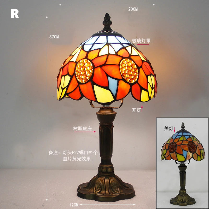 Retro Tiffany Table Lamp E27 Stained Glass Lampshade Mediterranean Style Baroque Table Light Bedroom Bedside Nightstand Lighting