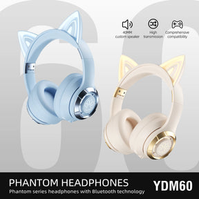 Cute Cat Ear Bluetooth Compatible Headset with LED Wireless Headset Children Girls Stereo Folding Sports Headset with Microphone