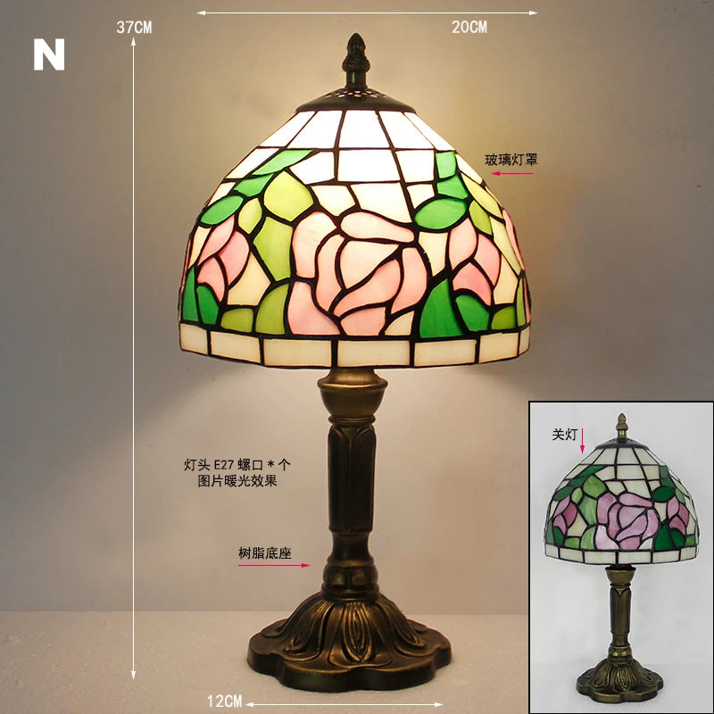 Retro Tiffany Table Lamp E27 Stained Glass Lampshade Mediterranean Style Baroque Table Light Bedroom Bedside Nightstand Lighting