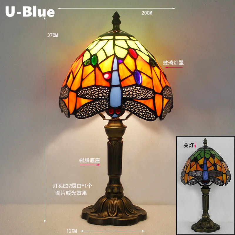 Retro Tiffany Table Lamp E27 Stained Glass Lampshade Mediterranean Style Baroque Table Light Bedroom Bedside Nightstand Lighting