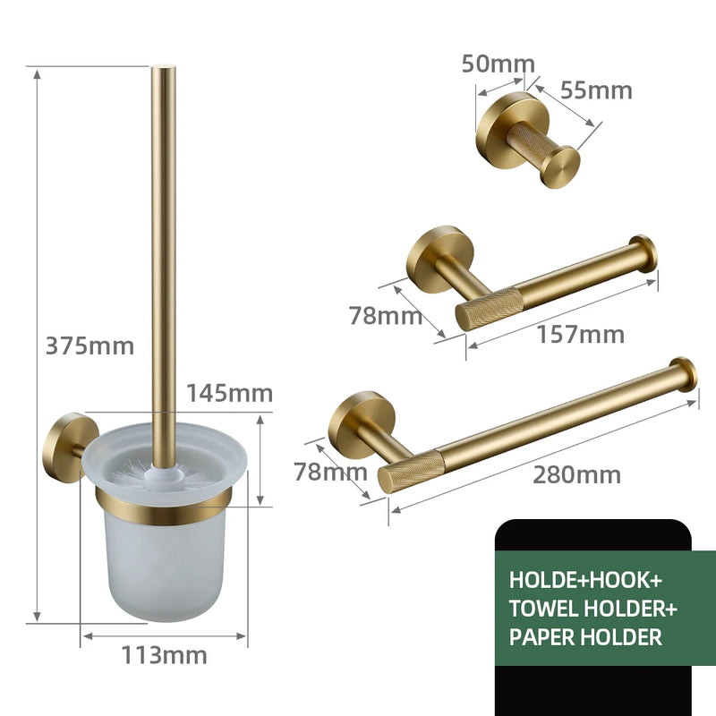 Brushed Gold Bathroom Accessories Towel Bar Bath Robe Hook Brass Knurled Bathroom Hardware Set Shelf for Towels Paper Tissue Hol