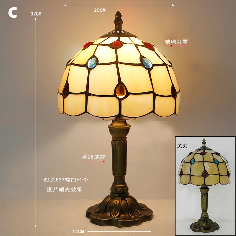 Retro Tiffany Table Lamp E27 Stained Glass Lampshade Mediterranean Style Baroque Table Light Bedroom Bedside Nightstand Lighting