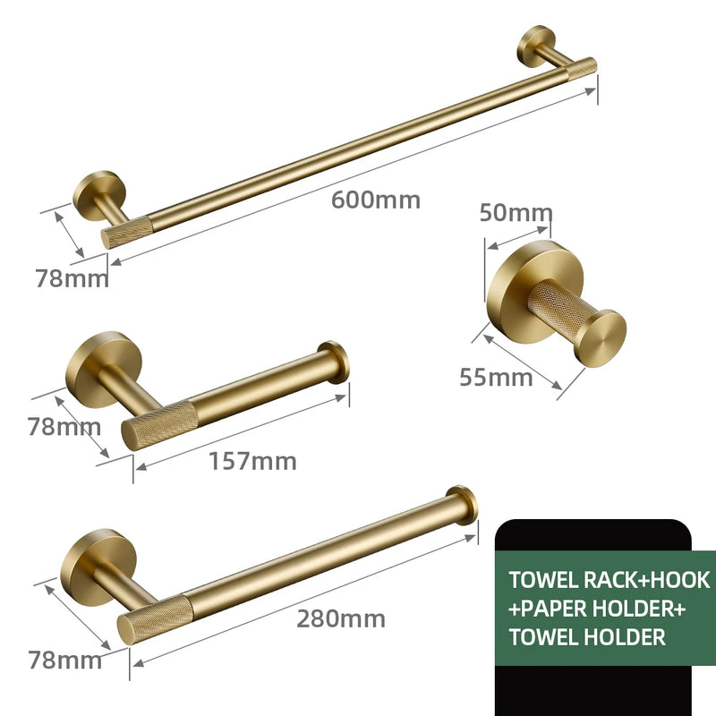 Brushed Gold Bathroom Accessories Towel Bar Bath Robe Hook Brass Knurled Bathroom Hardware Set Shelf for Towels Paper Tissue Hol