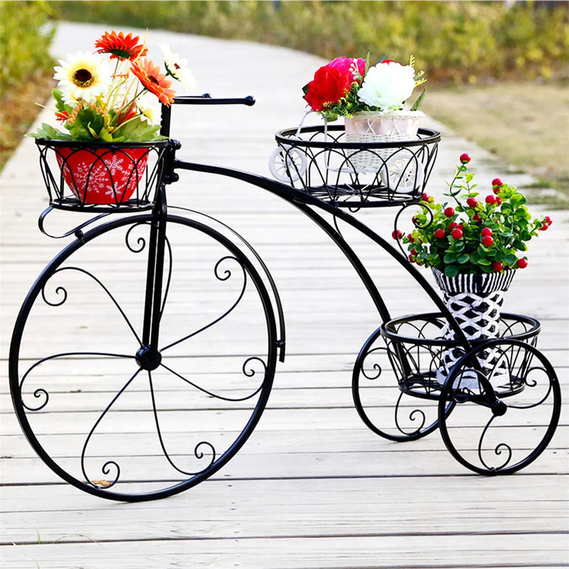 3-Tier Bicycle Plant Stand Wrought Iron Tricycle Planter Home Garden Patio Decor Flower Pots Shelf Indoor Outdoor