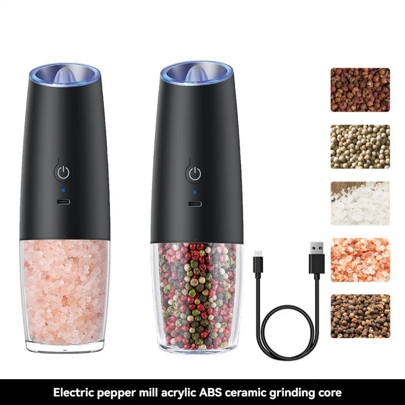 2PCElectric Pepper Grinder Salt And Pepper Grinder USB Rechargeable Adjustable Coarseness Spice Mill With LED Light Kitchen Tool