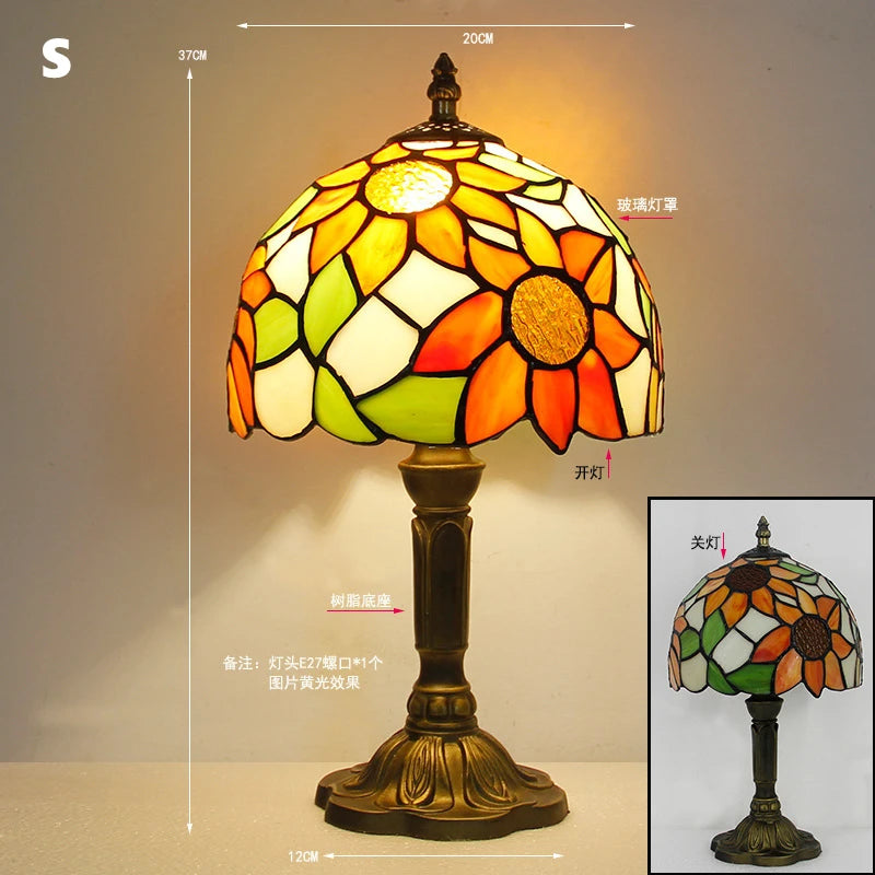 Retro Tiffany Table Lamp E27 Stained Glass Lampshade Mediterranean Style Baroque Table Light Bedroom Bedside Nightstand Lighting