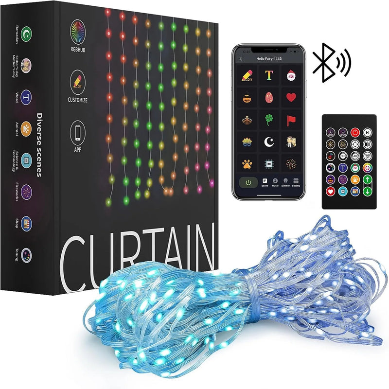 Smart RGB Curtain Lights with APP Control, RGB Christmas Fairy String Lights, Music & Voice Sync for Halloween Bedroom Garden