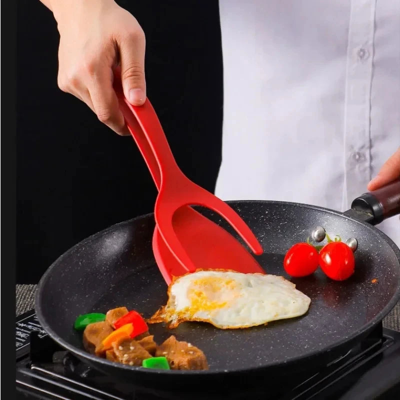 2 in 1 Kitchen Gadget Accessories Omelette Shovel Clip Non Stick Silicone Spatula Tongs Toast Pancake Egg Clamp Frying Steak