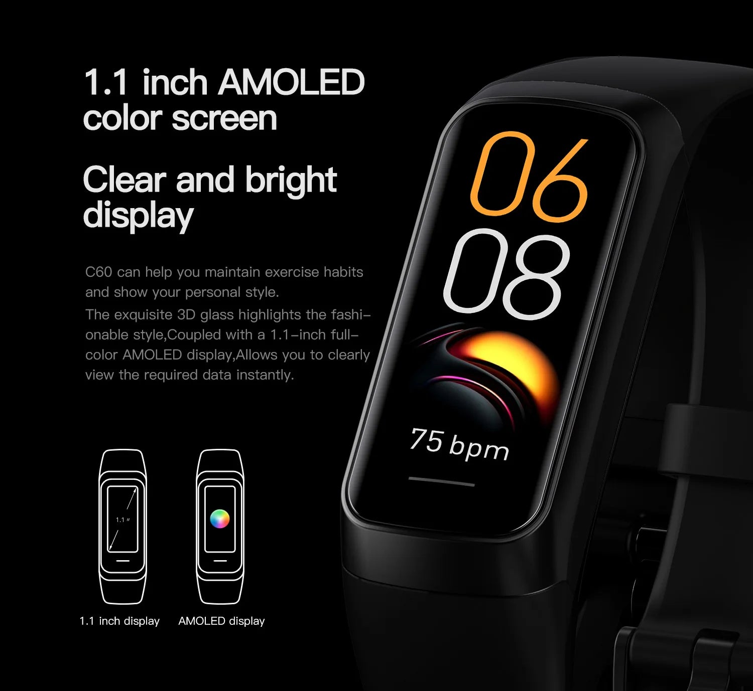 2023 Smart Watch Men Women Smart Bracelet Wristband 1.1 Inch Amoled Heart Rate Waterproof Body Temperature Fitness Tracker Band