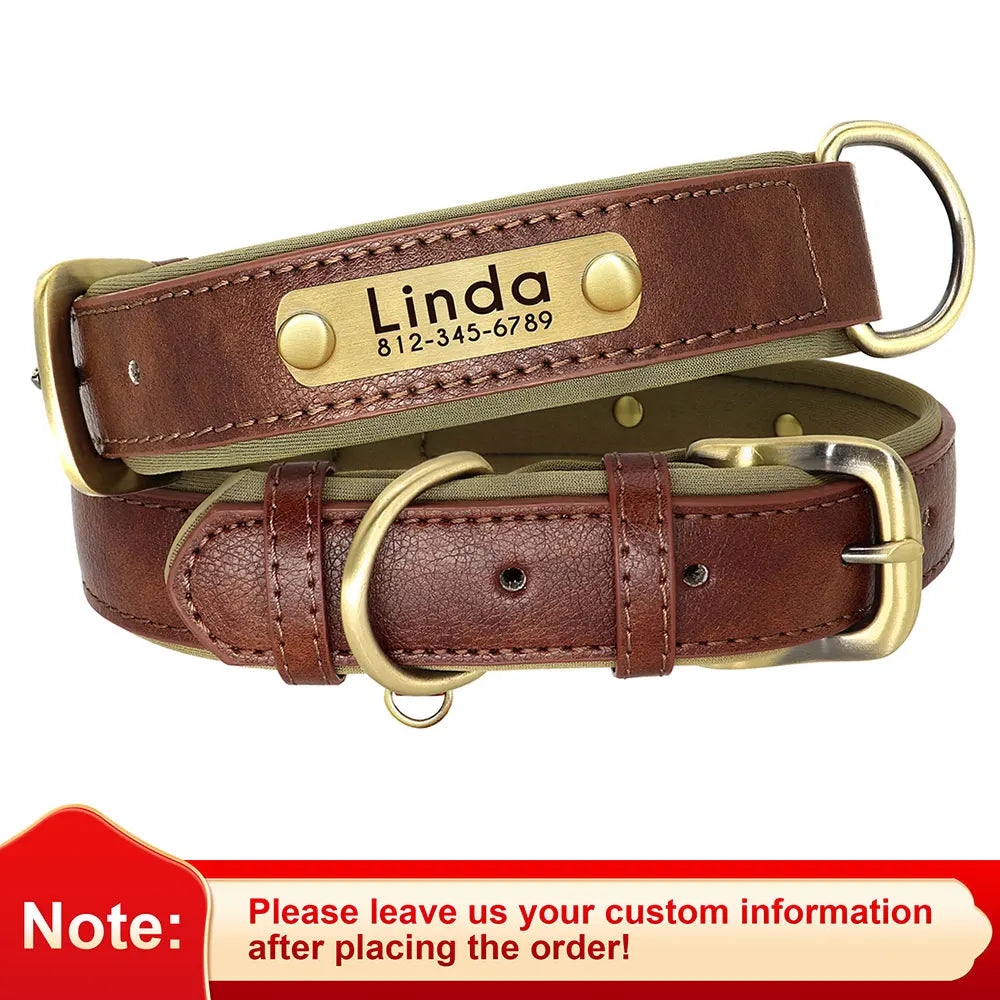 Customized Leather ID Nameplate Dog Collar Soft Padded Dogs Collars Free Engraving Name for Small Medium Large Dogs Adjustable