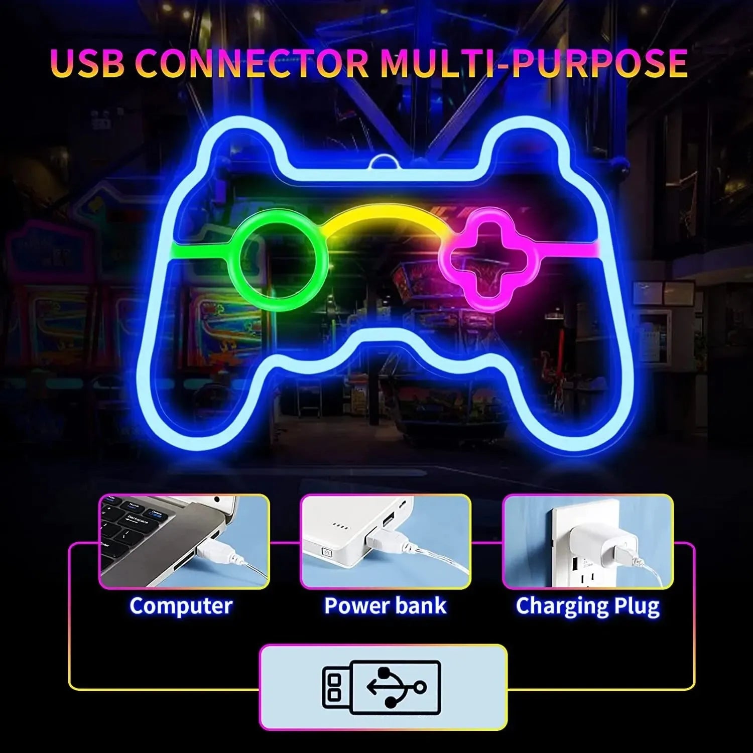 USB Game Console Handle Shape Bedroom Children's Room Game Room Decoration LED Neon Lights