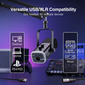 FIFINE XLR/USB Gaming Microphone Kit with Headphone Jack/Mute/RGB /Arm Stand,Dynamic Mic Set for PC PS5/4 Mixer AmpliGame AM8T