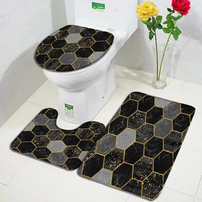 Abstract Black White Marble Bath Mat Set Creative Geometric Texture Modern Carpet Home Bathroom Decor Non-slip Rugs Toilet Cover