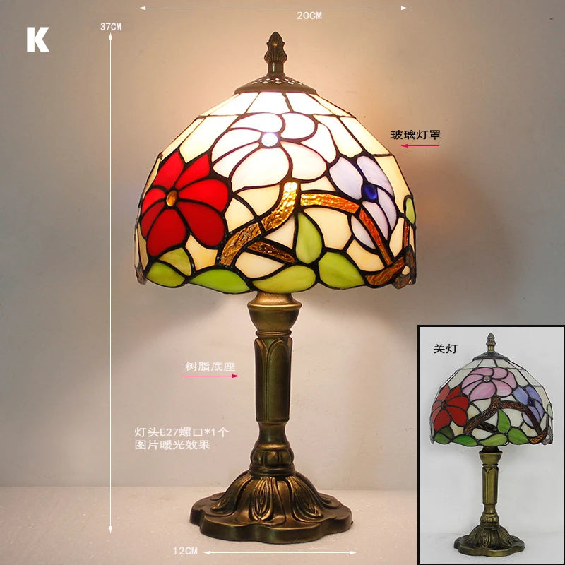 Retro Tiffany Table Lamp E27 Stained Glass Lampshade Mediterranean Style Baroque Table Light Bedroom Bedside Nightstand Lighting