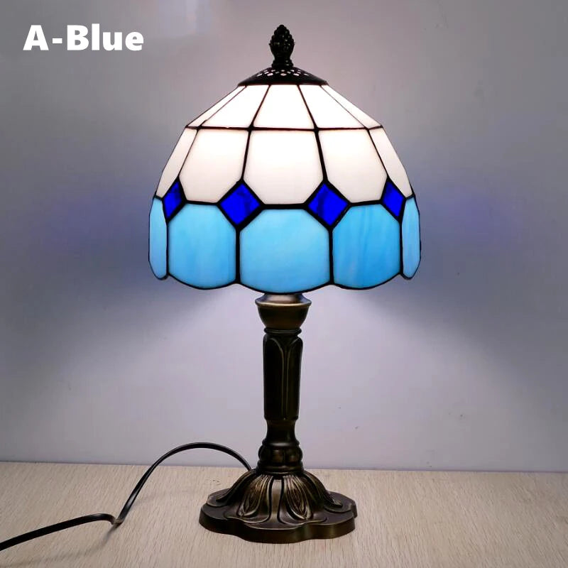 Retro Tiffany Table Lamp E27 Stained Glass Lampshade Mediterranean Style Baroque Table Light Bedroom Bedside Nightstand Lighting