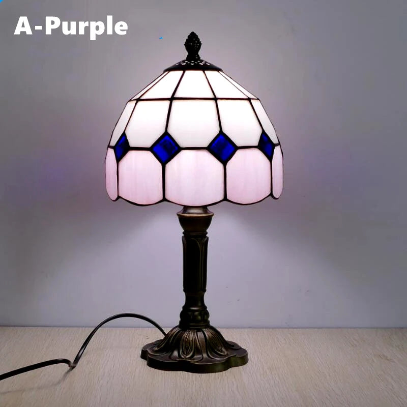 Retro Tiffany Table Lamp E27 Stained Glass Lampshade Mediterranean Style Baroque Table Light Bedroom Bedside Nightstand Lighting