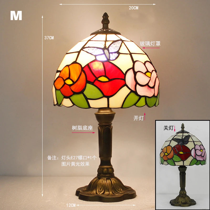 Retro Tiffany Table Lamp E27 Stained Glass Lampshade Mediterranean Style Baroque Table Light Bedroom Bedside Nightstand Lighting