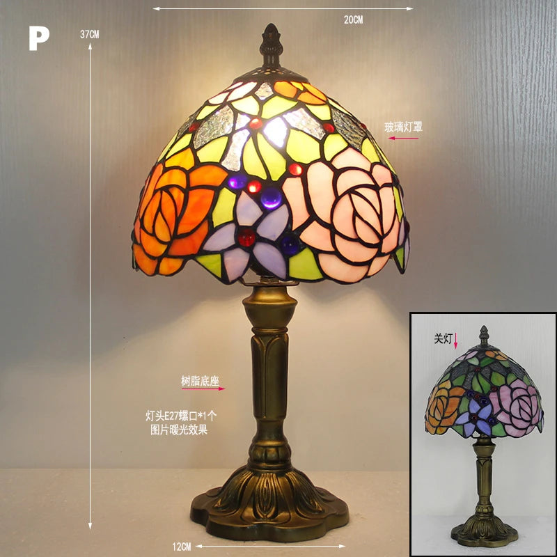 Retro Tiffany Table Lamp E27 Stained Glass Lampshade Mediterranean Style Baroque Table Light Bedroom Bedside Nightstand Lighting