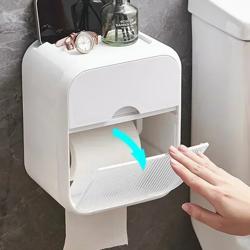 Toilet Paper Holder Box holder Bathroom Rack Waterproof Reel Tissue Storage Box Punch-free Kitchen Bathroom Storage Holder