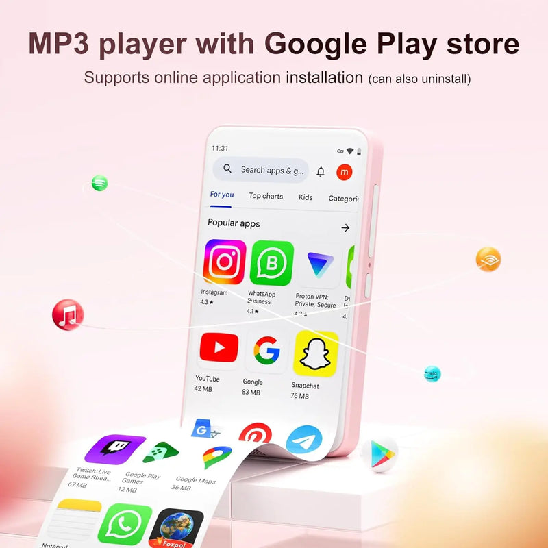 80GB MP3 Player Android 9.0 with Bluetooth and WiFi, 4.0-inch touchscreen with speakers, FM radio, eBooks, capacity up to 512GB