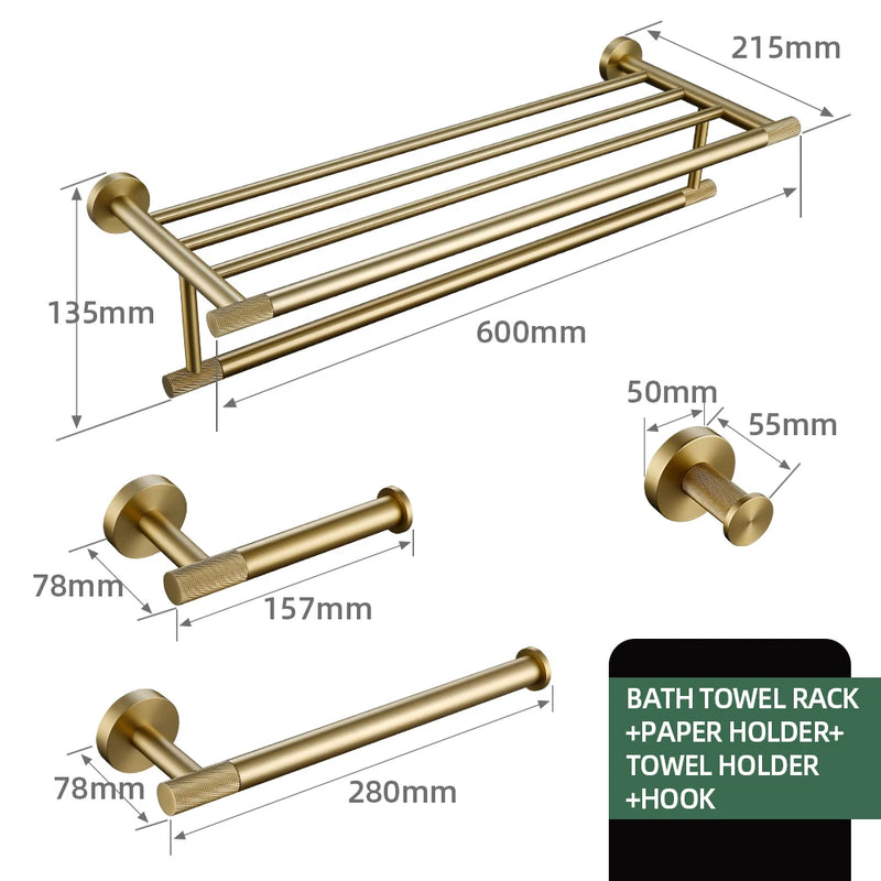 Brushed Gold Bathroom Accessories Towel Bar Bath Robe Hook Brass Knurled Bathroom Hardware Set Shelf for Towels Paper Tissue Hol