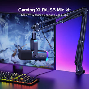 FIFINE XLR/USB Gaming Microphone Kit with Headphone Jack/Mute/RGB /Arm Stand,Dynamic Mic Set for PC PS5/4 Mixer AmpliGame AM8T