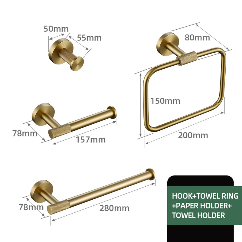 Brushed Gold Bathroom Accessories Towel Bar Bath Robe Hook Brass Knurled Bathroom Hardware Set Shelf for Towels Paper Tissue Hol