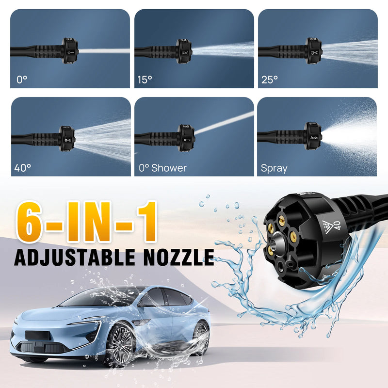 6 IN 1 Brushless 21V Electric High Pressure Washer Cordless Efficient Car Garden Cleaning Spray Gun with Powerful 3.0Ah Battery