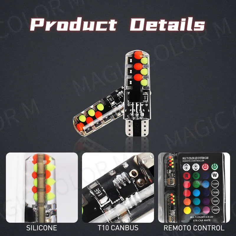 2Pcs T10 W5w RGB LED Bulb Remote Control COB Lamp Car Lighting Reading Light Automobiles Wedge Lamp With Remote Controller 12V