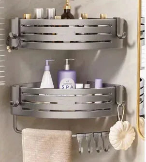 Shower Corner Shelf with Towel Bar Hook Space Aluminum Bathroom Shelf Without Drilling Shampoo Holder Bathroom Accessorie