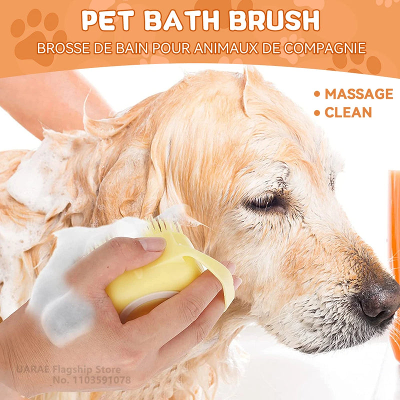 Dog Bathing Brush Pet Massage Brush Shampoo Dispenser Soft Silicone Brush Rubber Bristle for Dogs and Cats Shower Grooming Tool