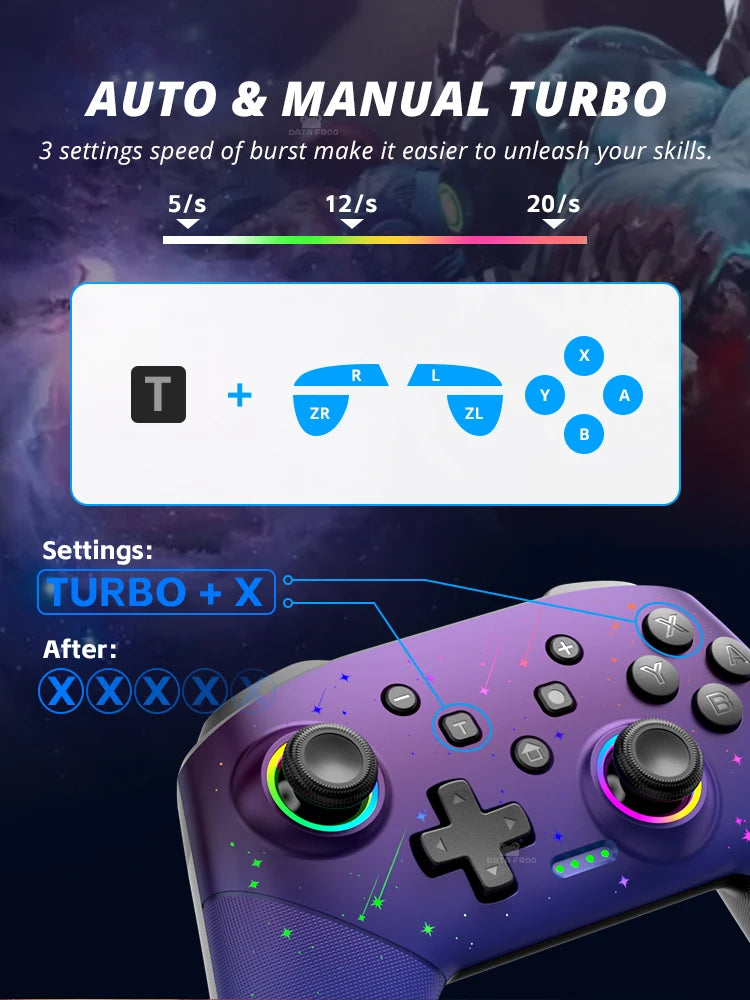 Data Frog Wireless Controller For Nintendo Switch OLED/LITE/PC Console Pro Gamepad with Programmable Turbo Function RGB Light