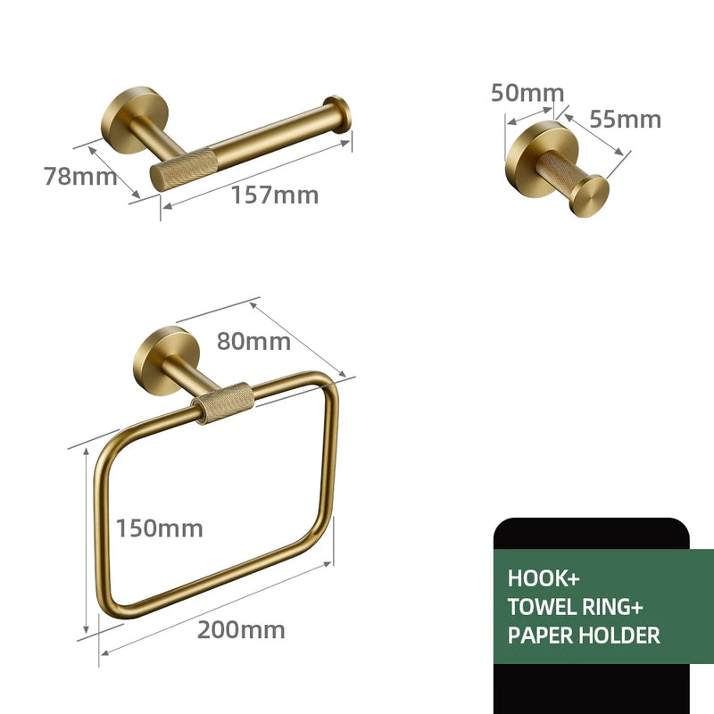 Brushed Gold Bathroom Accessories Towel Bar Bath Robe Hook Brass Knurled Bathroom Hardware Set Shelf for Towels Paper Tissue Hol