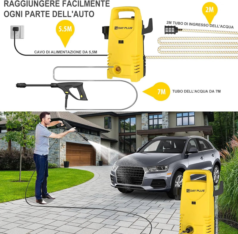 Electric High Pressure Washer 1600W,120bar,380l/h Adjustable Lance from 0 to 180°,7m Flexible Hose,for Terraces,Gardens,Cars