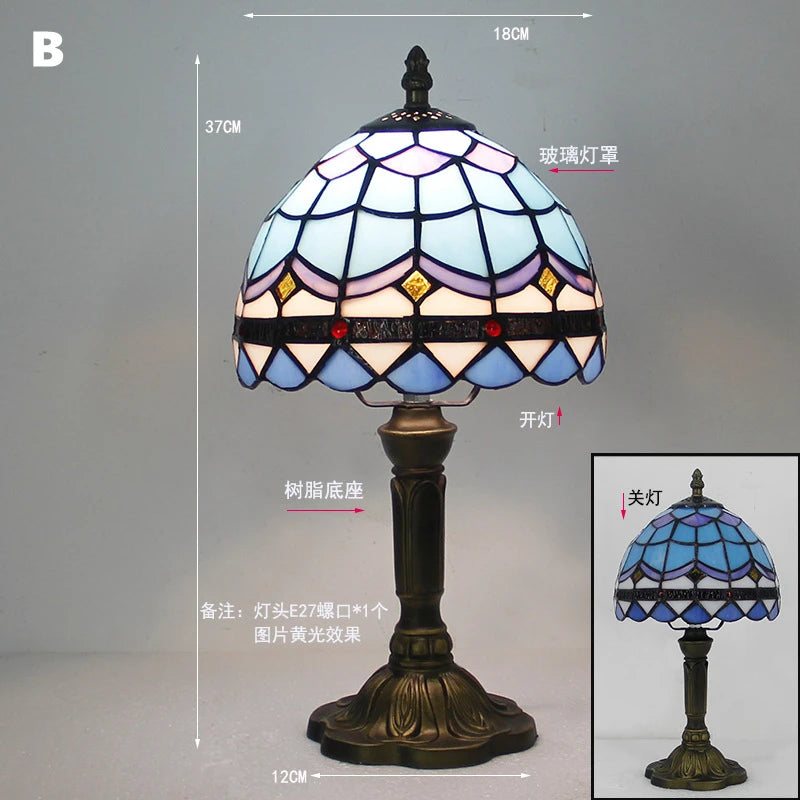 Retro Tiffany Table Lamp E27 Stained Glass Lampshade Mediterranean Style Baroque Table Light Bedroom Bedside Nightstand Lighting